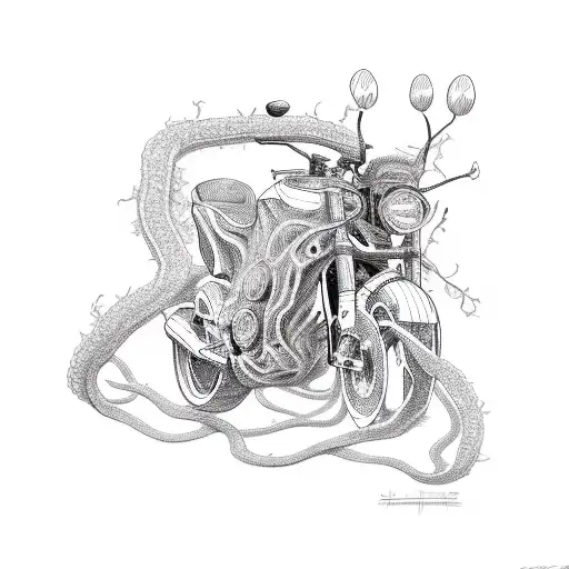 Sketch-style design of a motorcycle with ayahuasca vines intertwining around it tattoo design idea