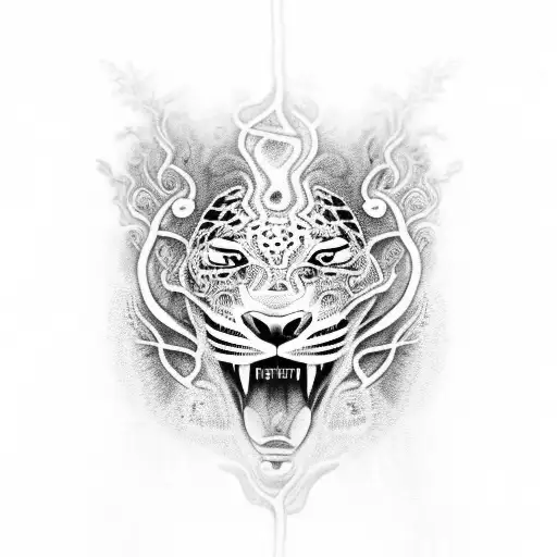 A mystical black and grey depiction of a black jaguar surrounded by ayahuasca vines and motorcycle parts tattoo design idea