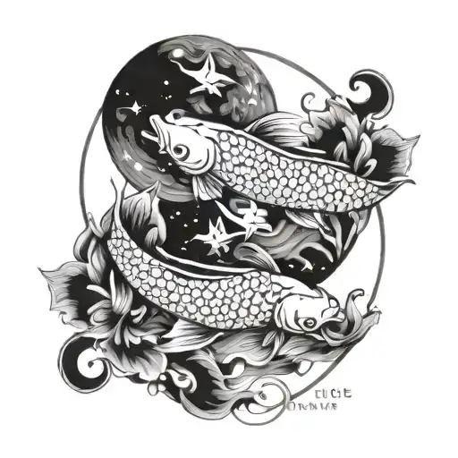 2 koi fish swimming around a waning crescent moon  tattoo design idea