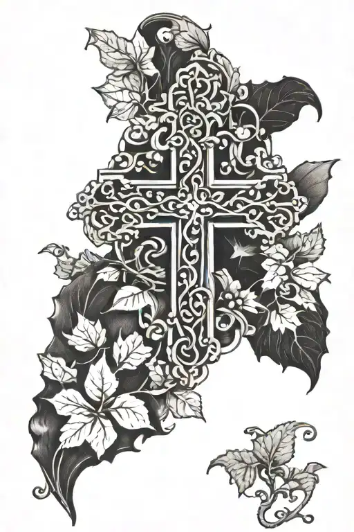 A cross, with ivy vine wrapped tattoo design idea