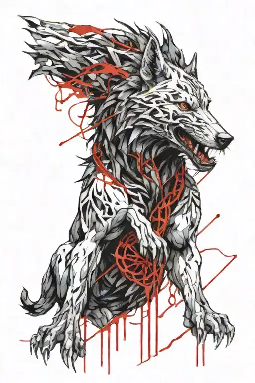 Fenrir breaking out of red bloody chains wrapped loosely tattoo design idea