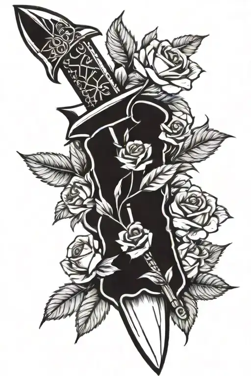 dagger with roses surrounding the blade and leafs tattoo design idea