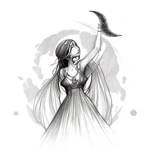 female in dress reaching with her right hand towards hazy sky with moon left hand holding onto chains weighing her down tattoo design idea