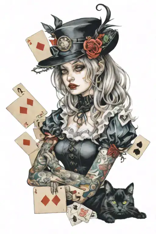 Alice gothic with cat and cards surrounded tattoo design idea