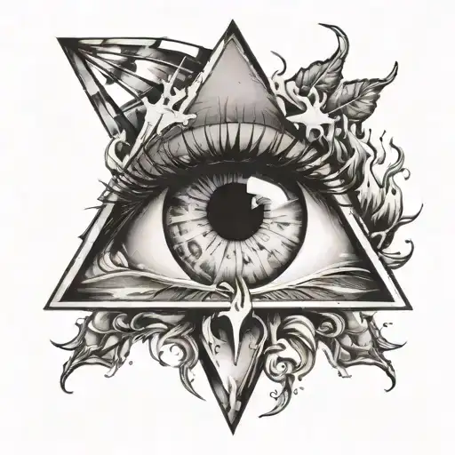 An eye with a tear in a triangle below a candle is burning. Around rays in a haze tattoo design idea