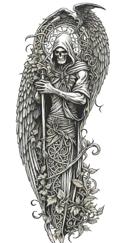 skinny Lucifer with wings in style of grim reaper surrounded by celtic leaves tattoo design idea