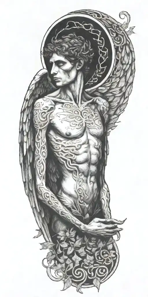 Skinny Lucifer Franz Von Stuck with wings surrounded by celtic leaves tattoo design idea