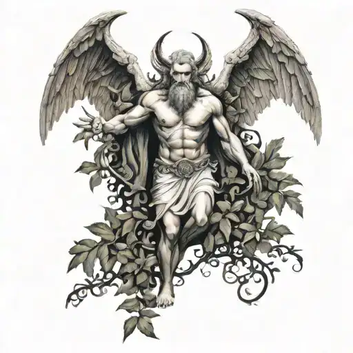 Lucifer with wings in style of greek god surrounded by celtic leaves tattoo design idea