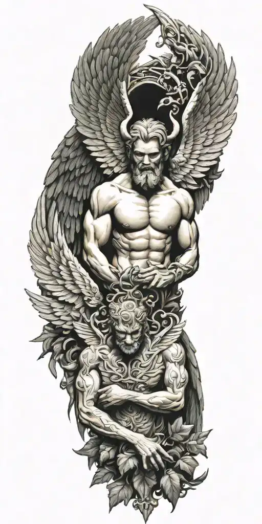 Lucifer with wings in style of greek god surrounded by celtic leaves tattoo design idea