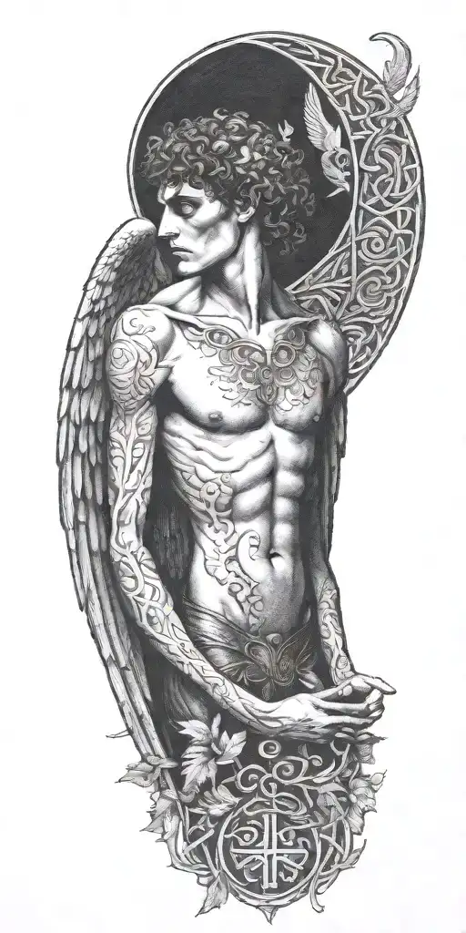 Skinny Lucifer Franz Von Stuck with wings surrounded by celtic leaves tattoo design idea