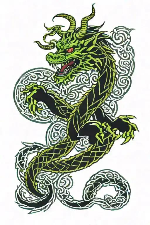 Tattoo sleeve with an overall Celtic theme, Asian spiritual elements, a dragon, and the Green Man tattoo design idea