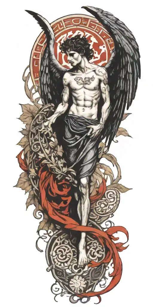 Skinny Lucifer Franz Von Stuck with wings surrounded by blue celtic leaves tattoo design idea