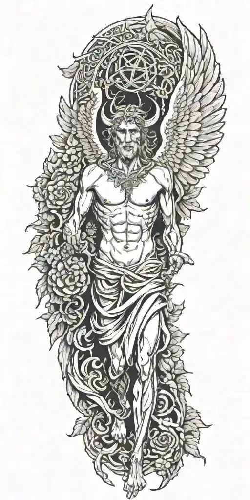 skinny Lucifer with wings in style of greek god surrounded by celtic leaves tattoo design idea