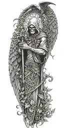 skinny Lucifer with wings in style of grim reaper surrounded by celtic leaves tattoo design idea