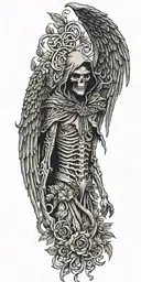 skinny Lucifer with wings in style of grim reaper surrounded by celtic leaves tattoo design idea