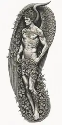 Skinny Lucifer Franz Von Stuck with wings surrounded by celtic leaves tattoo design idea
