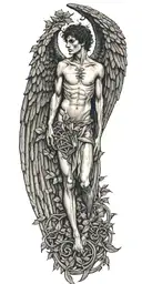 Skinny Lucifer Franz Von Stuck with wings surrounded by celtic leaves tattoo design idea