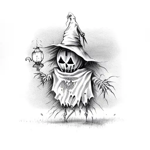 Spooky scarecrow with arms extended and a hat tattoo design idea