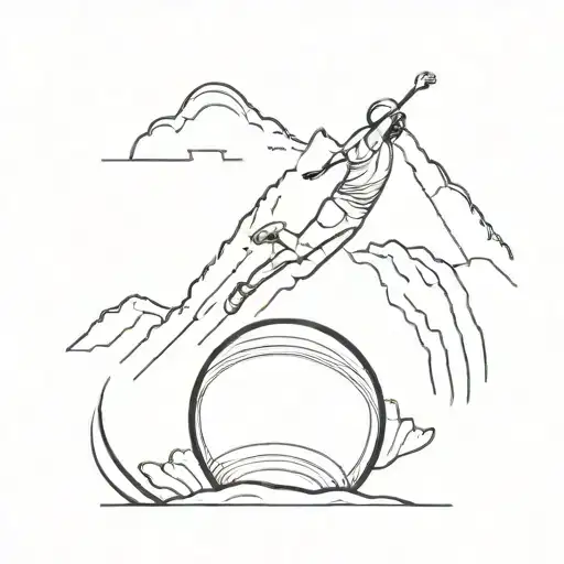 A minimalist tattoo of a cricket ball bouncing on a mountain peak with a dancer in the foreground tattoo design idea