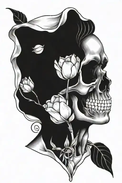 skeleton smelling a tulip blackwork tattoo tattoo design idea