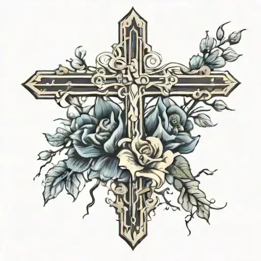 flowers and mountains and cross tattoo design idea