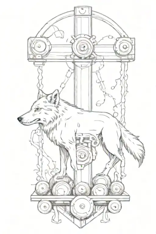 A cross made of gym weights with a wolf resting at the base and musical notes floating around it tattoo design idea