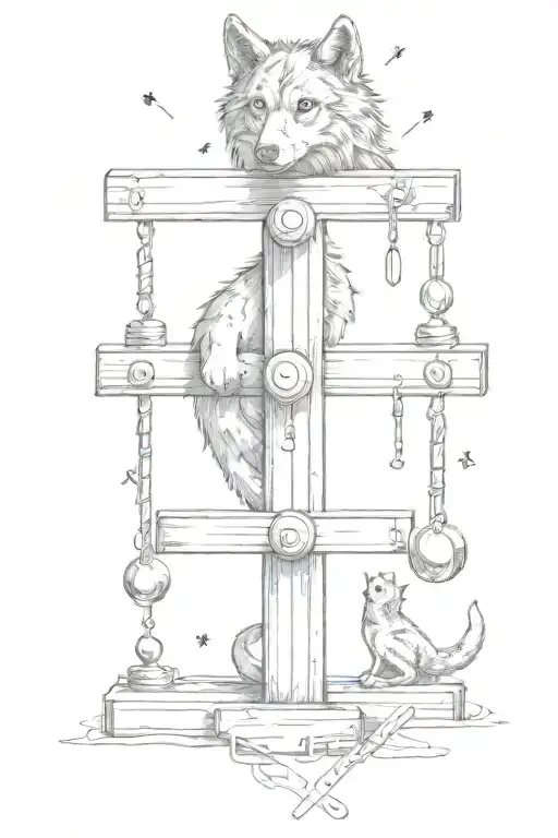 A cross made of gym weights with a wolf resting at the base and musical notes floating around it tattoo design idea