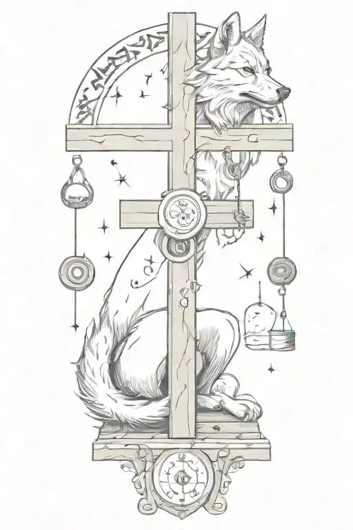 A cross made of gym weights with a wolf resting at the base and musical notes floating around it tattoo design idea