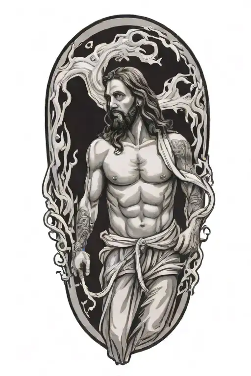 Jesus carrying a fire hose with flames in the background tattoo design idea