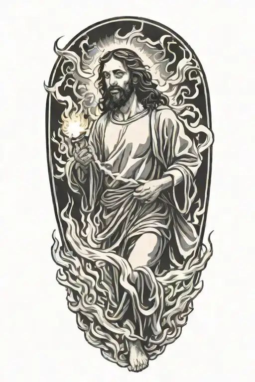 Jesus carrying a fire hose with flames in the background tattoo design idea