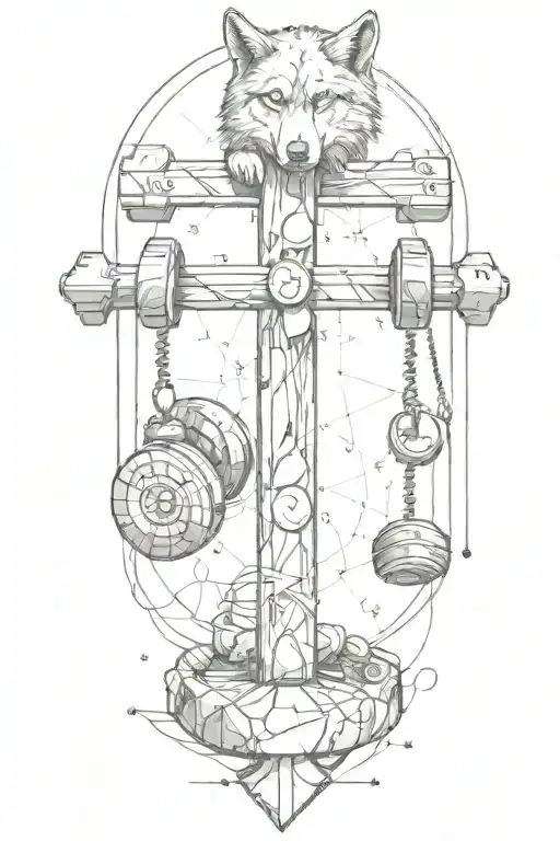 A cross made of gym weights with a wolf resting at the base and musical notes floating around it tattoo design idea