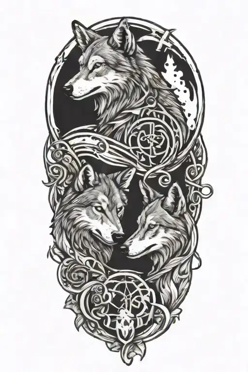 A wolf and a firefighter standing side by side with a music note intertwined between them tattoo design idea