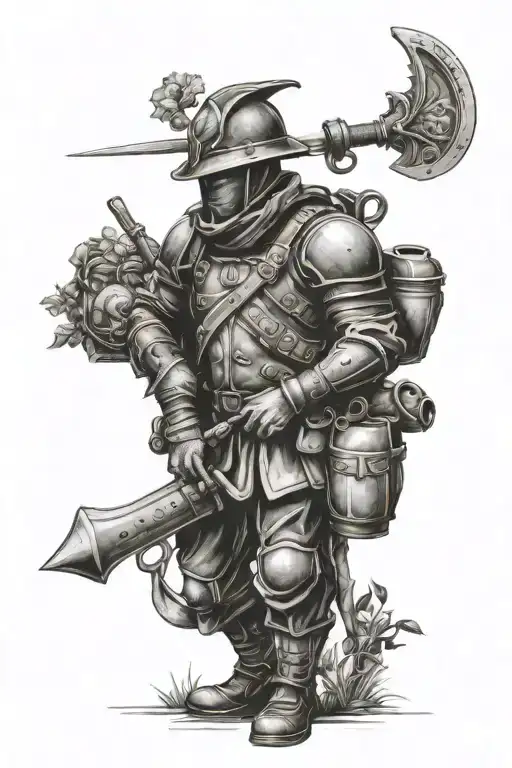 gardener in war, warrior in garden tattoo design idea