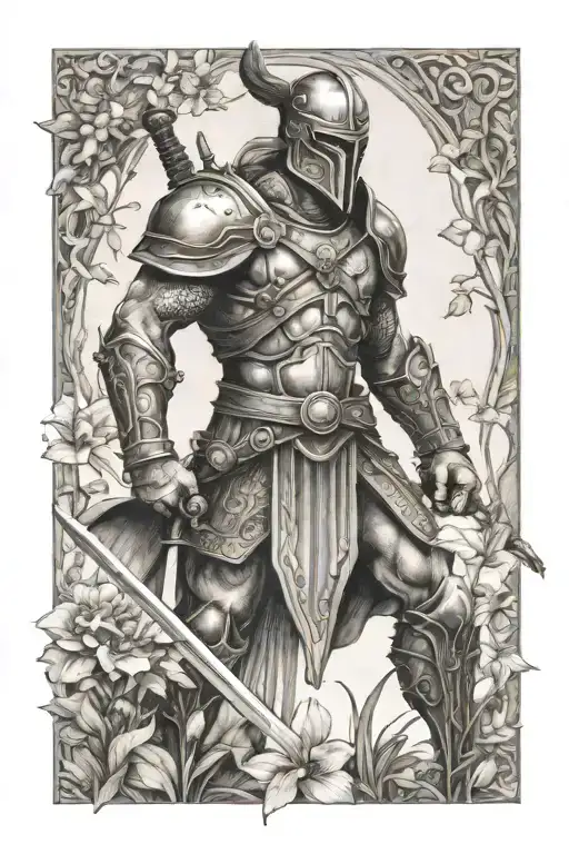 warrior in garden tattoo design idea