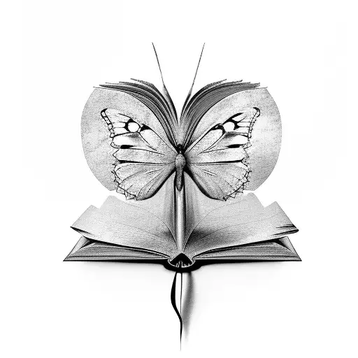 A hypersensitive butterfly emerging from an open book, representing the power of literature tattoo design idea