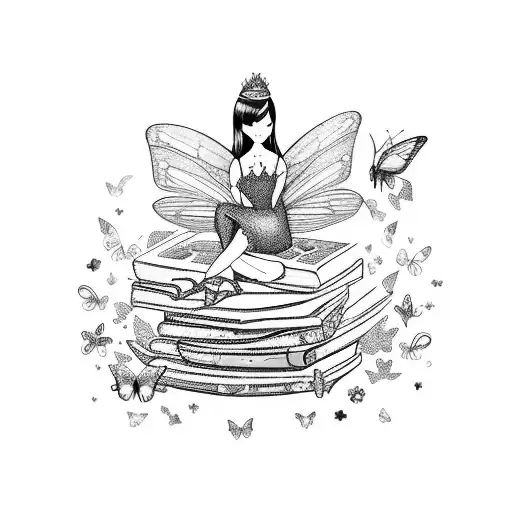 A mystical fairy sitting on a stack of books, surrounded by delicate tea cups and butterflies tattoo design idea