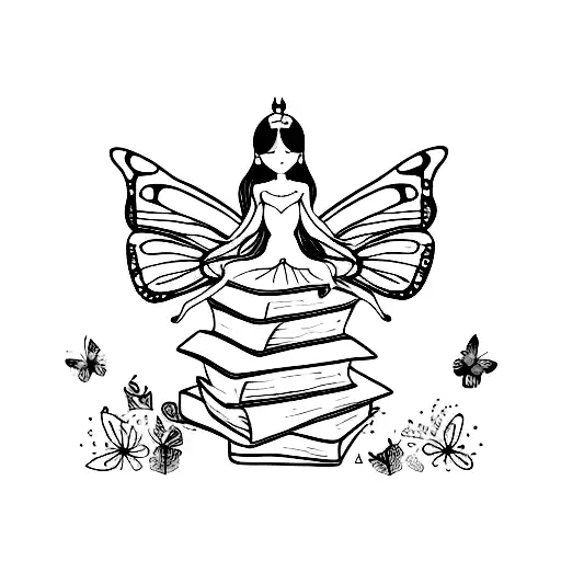 A mystical fairy sitting on a stack of books, surrounded by delicate tea cups and butterflies tattoo design idea