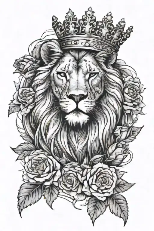 forearm tattoo with a lion, kings crown, rose on the arm. include background like clouds etc tattoo design idea