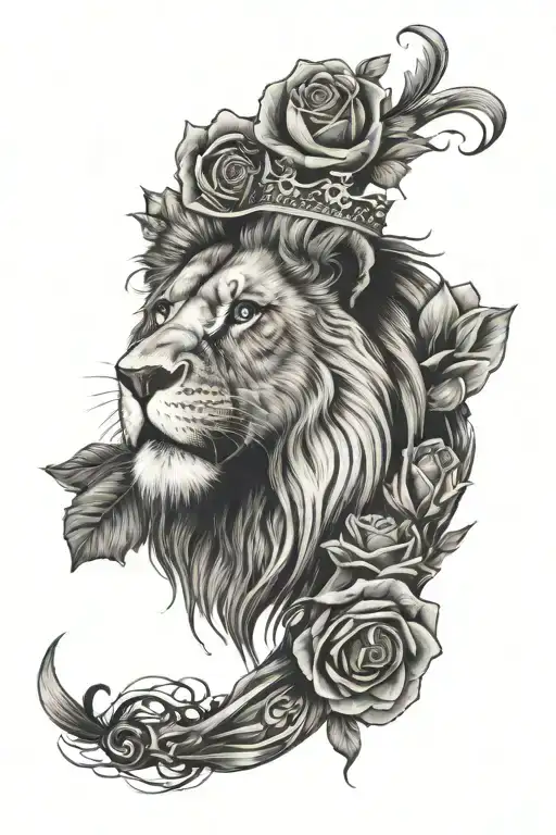 forearm tattoo with a lion, kings crown, rose on the arm. include background like clouds etc tattoo design idea