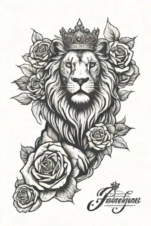 forearm tattoo with a lion, kings crown, rose on the arm. include background like clouds etc tattoo design idea