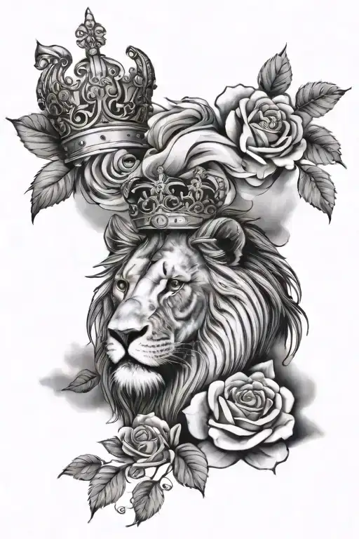 forearm tattoo with a lion, kings crown, rose on the arm. include background like clouds etc tattoo design idea