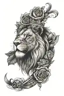 forearm tattoo with a lion, kings crown, rose on the arm. include background like clouds etc tattoo design idea