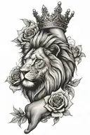 forearm tattoo with a lion, kings crown, rose on the arm. include background like clouds etc tattoo design idea
