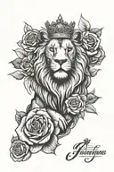 forearm tattoo with a lion, kings crown, rose on the arm. include background like clouds etc tattoo design idea