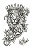 forearm tattoo with a lion, kings crown, rose on the arm. include background like clouds etc tattoo design idea
