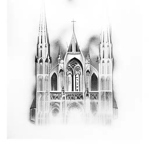 Gothic cathedral with a stained glass window depicting a historical event tattoo design idea