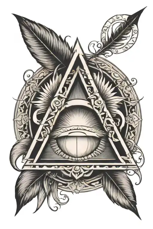 Aa Symbol Of A Triangle Inside A Circle, in front of a crescent moon and feather  tattoo design idea