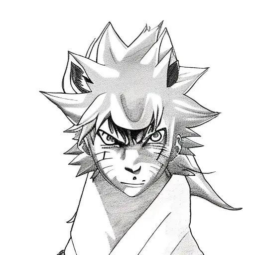 Illustrate a sketch-style scene of Naruto, Kurama, and Pain standing together as allies tattoo design idea