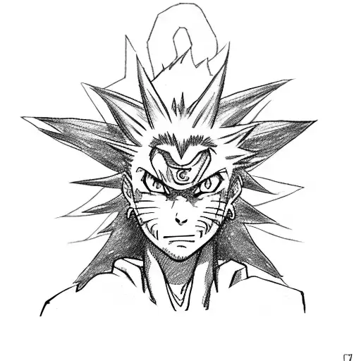  a sketch-style scene of Naruto, Kurama, and Pain standing together as allies tattoo design idea