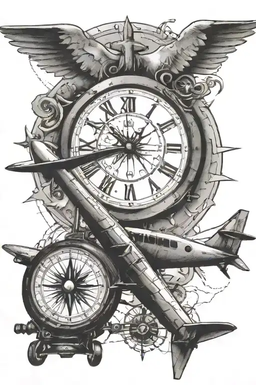airplane, car, clock, compass rose, crucifix, road, cartographic map tattoo design idea